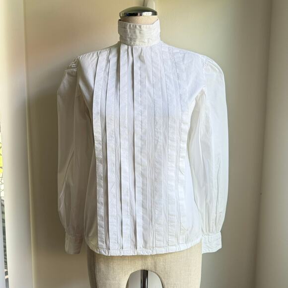 Outletters Tops - Vintage Outletters Victorian Blouse – White Cotton High Neck Button Back